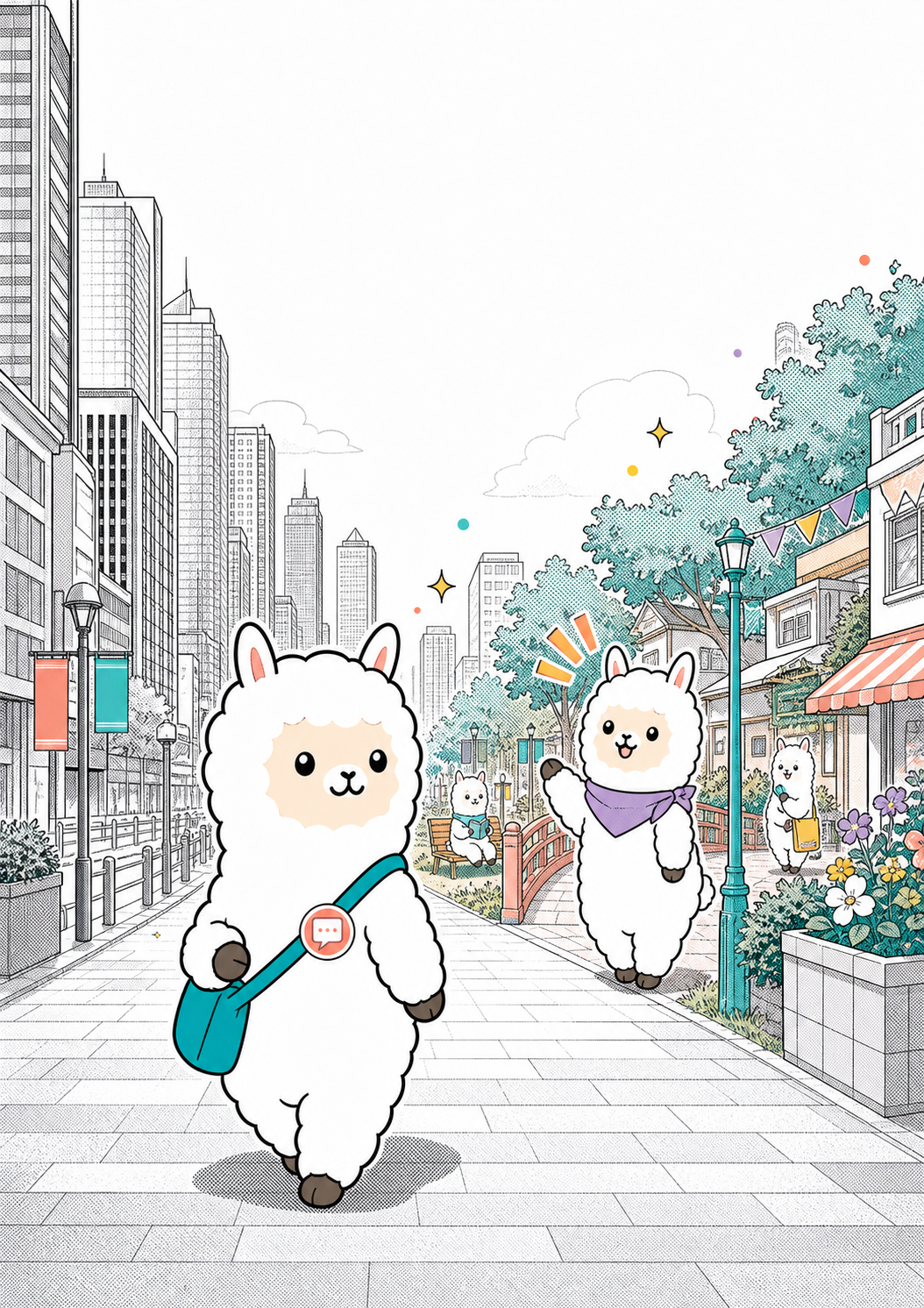 都市と地域の通りを歩くアルパカたちのイラスト